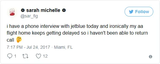 flight delay prevents jetblue interview call tweet