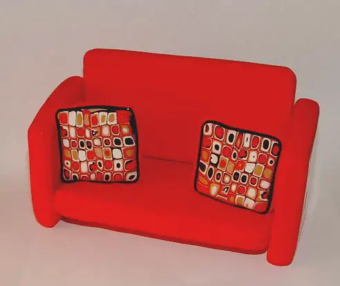 red retro couch business card holder
