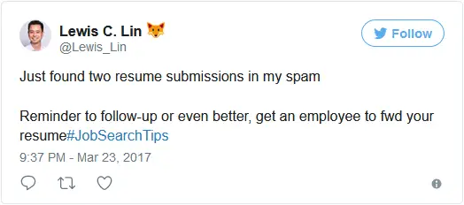 lewis c. lin resumes in spam folder tweet