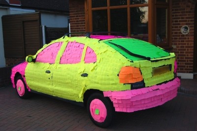 Sticky note covered hatchback