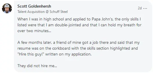 Funny resume skill story from recruiter Scott Goldenhersh