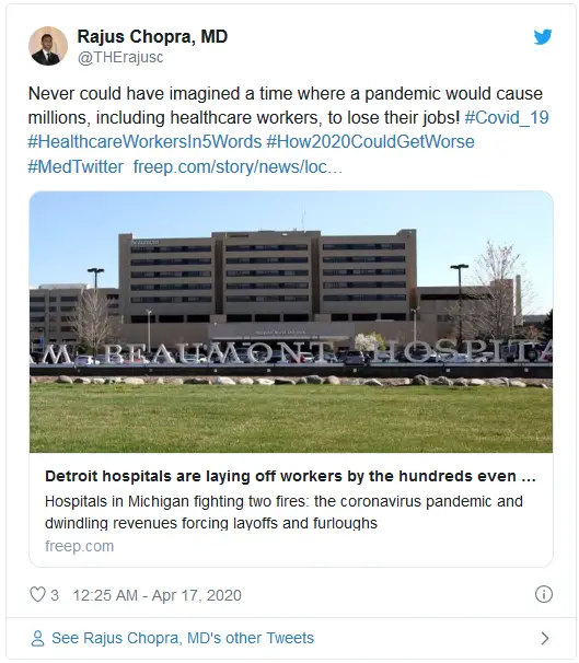 Never could have imagined a time where a pandemic would cause millions, including healthcare workers, to lose their jobs! #Covid_19 #HealthcareWorkersIn5Words #How2020CouldGetWorse #MedTwitter