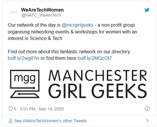 Our network of the day is  @mcrgirlgeeks  - a non-profit group organising networking events & workshops for women with an interest in Science & Tech   Find out more about this fantastic network on our directory https://buff.ly/2wgiFhs or find them here https://buff.ly/2MQzGt7