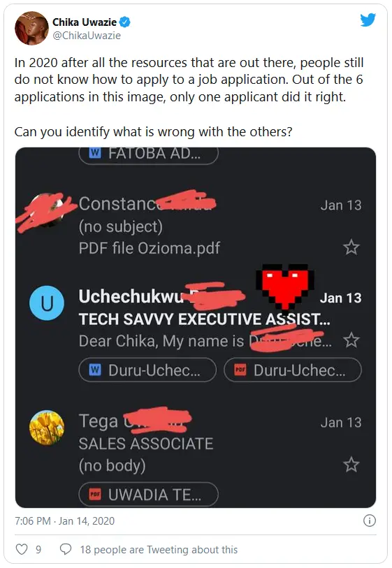 In 2020 after all the resources that are out there, people still do not know how to apply to a job application. Out of the 6 applications in this image, only one applicant did it right.  Can you identify what is wrong with the others?