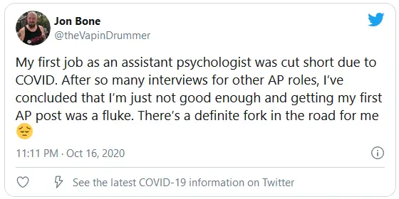 My first job as an assistant psychologist was cut short due to COVID. After so many interviews for other AP roles, I’ve concluded that I’m just not good enough and getting my first AP post was a fluke. There’s a definite fork in the road for me 😔